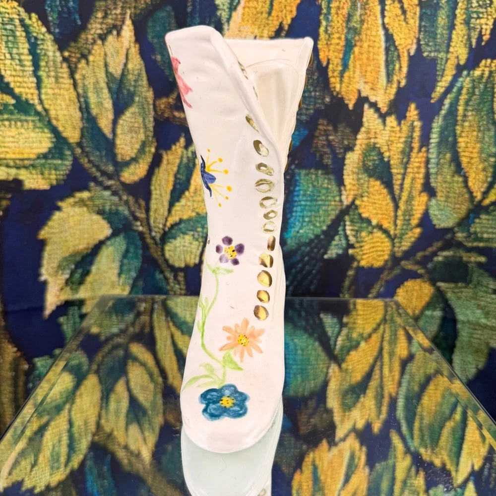Vintage Hand Painted Floral‎ Ceramic Boot Vase Victorian Style Gold Eyelets 6.5